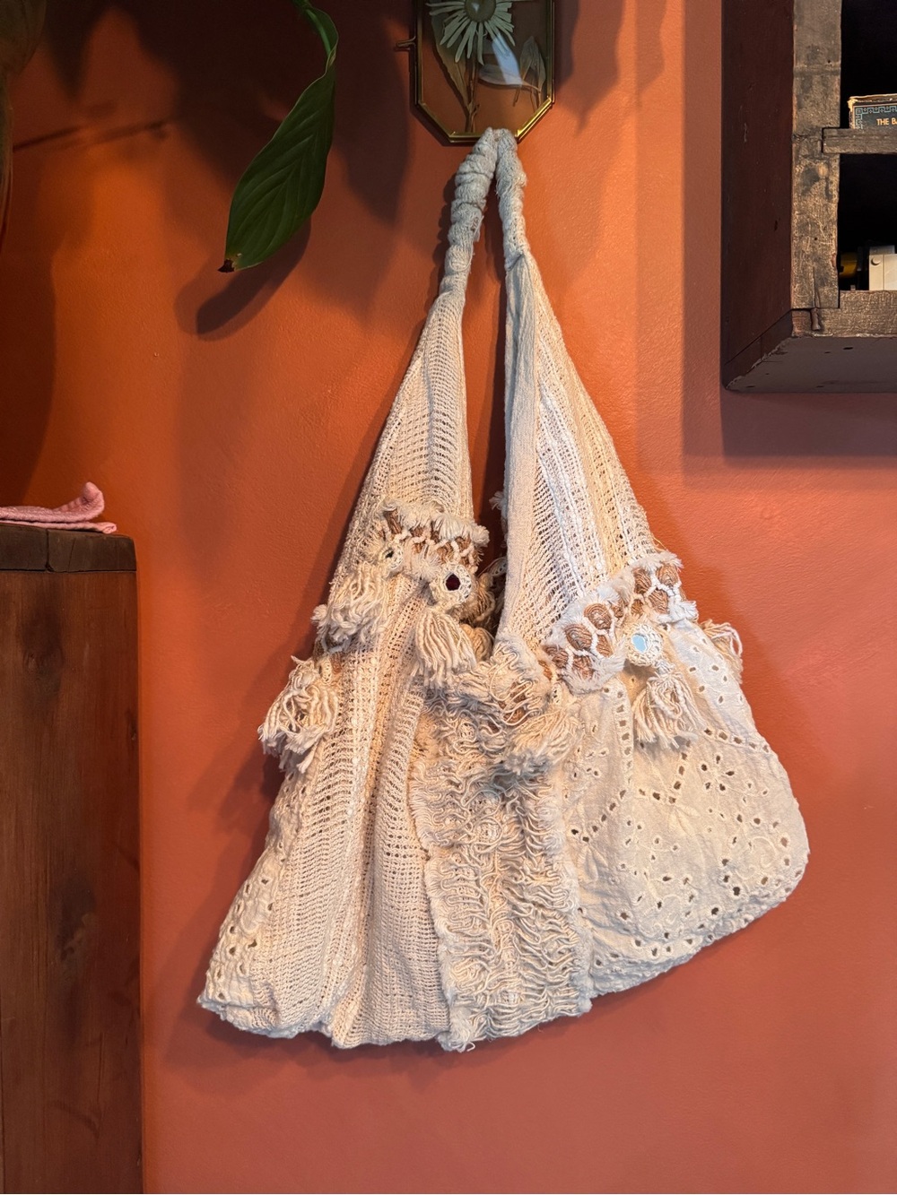 POL Cream Crochet Shoulder Bag with Tassel Details